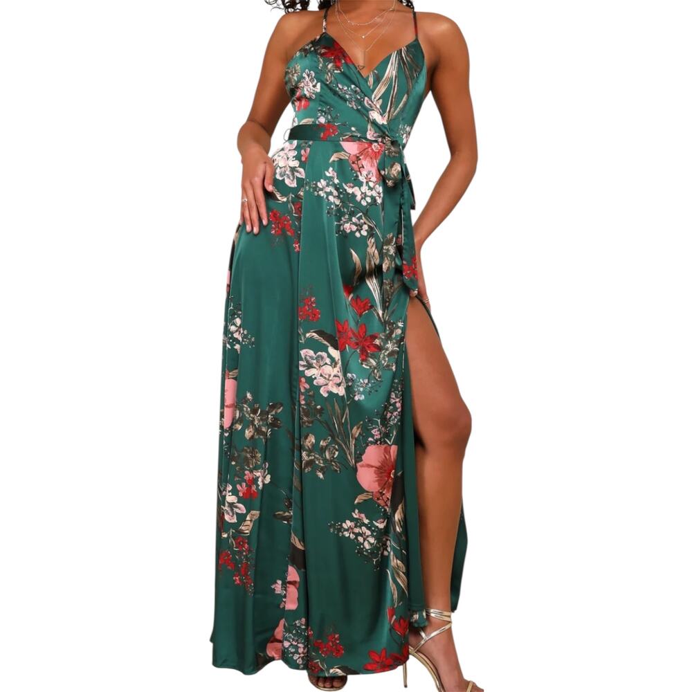 Lulu's Still the One Satin Maxi Dress Surplice A-Line Emerald Green Floral M